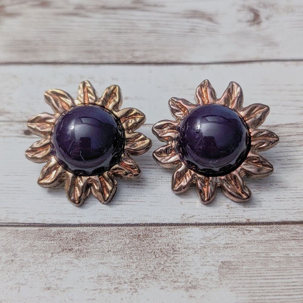 Vintage Clip On Earrings - Sunflower Like Design Large with Purple Center